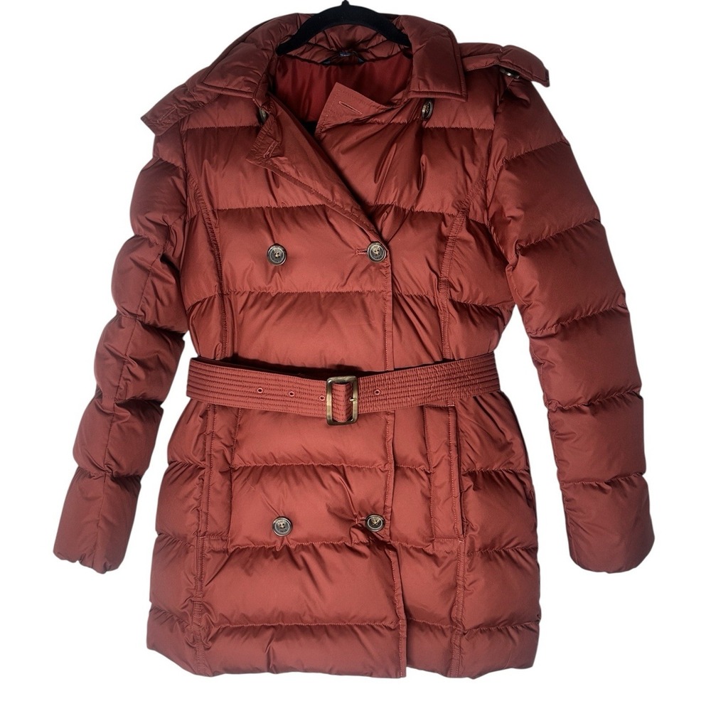 Brooks Brothers Jacket Womens Small Down Puffer Quilted Winter Hooded Coat Belt